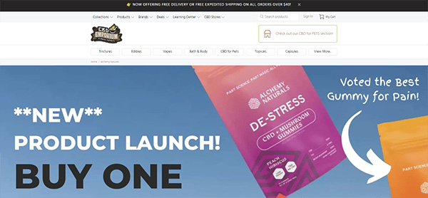 Image shows an online store's web page focusing on a new product launch of CBD gummies. A promotional banner highlights "Free Delivery" and "Free Expedited Shipping on all orders over $99.