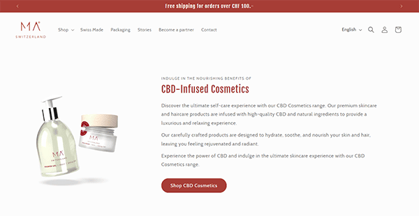 Screenshot of a website featuring a CBD-infused cosmetics line. Shows an image of cosmetic products and a section of text describing the benefits of CBD in skincare. A "Shop CBD Cosmetics" button is visible.