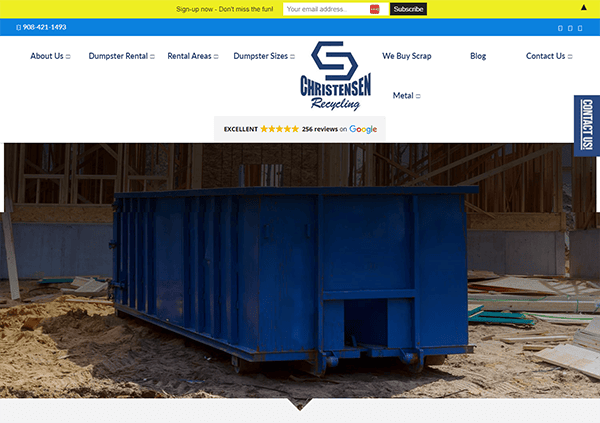 Screenshot of Christensen Recycling’s website featuring a blue dumpster in a construction area. The site menus include About Us, Dumpster Rental, and We Buy Scrap. The header highlights 256 excellent Google reviews.