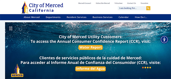 City of Merced website homepage with options for accessing the Annual Consumer Confidence Report (CCR) in English and Spanish.