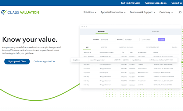 Screenshot of Class Valuation's website showcasing a highlighted digital appraisal management tool and a "Sign up with Class" button.