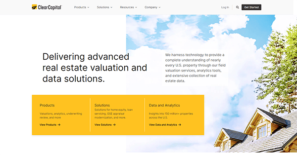 Screenshot of Clear Capital's homepage highlighting their services in advanced real estate valuation and data solutions. A banner displays the message along with links to Products, Solutions, and Data and Analytics.