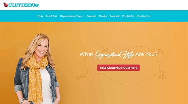 A website homepage featuring a woman in a denim jacket and yellow scarf, promoting an "Organizational Style" quiz with a red button that says "Take Clutterbug Quiz Here.