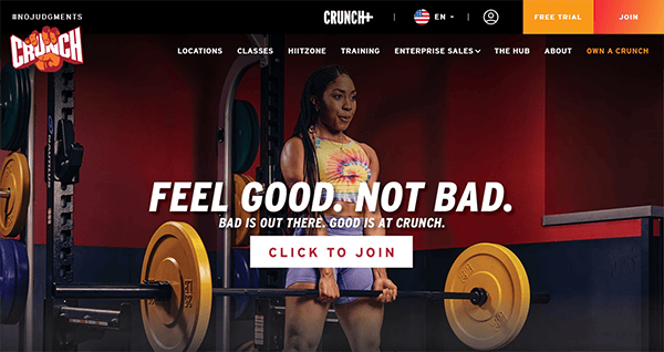 A woman lifting a barbell in a gym, with the text "Feel Good. Not Bad. Bad is out there. Good is at Crunch." The image includes links to join the gym or start a free trial.