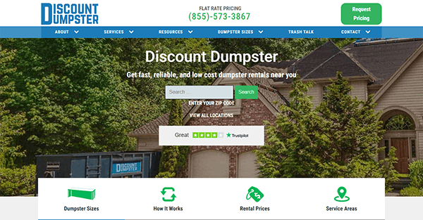 A website homepage screenshot for Discount Dumpster, offering dumpster rental services with a search bar to enter a ZIP code, customer reviews, and navigation tabs for services, resources, and contact.