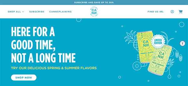 Advertisement banner for a drink brand promoting their limited edition spring and summer flavors. The banner includes images of cans and a 'Shop Now' button.