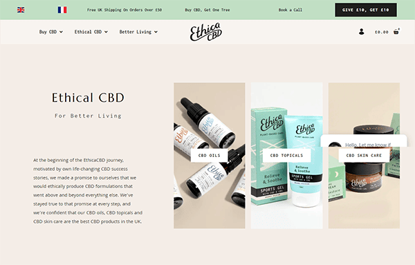 Screenshot of Ethical CBD's website homepage displaying product categories including CBD Oils, CBD Topicals, and CBD Skin Care. The site banner includes flags, shopping links, and a cart icon.