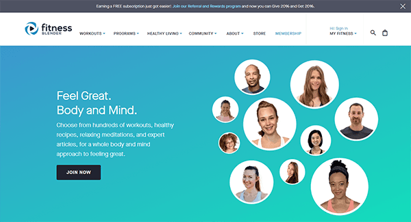 Homepage of a fitness website showing company logo, navigation menu, promotional banner, and a collage of smiling people. Text promotes benefits of workouts, healthy recipes, and expert articles.