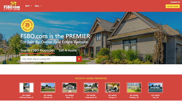 Homepage of FSBO.com, a real estate website featuring listings for sale by owner, with search functionality, recent property listings, and navigation links for buying and selling homes.