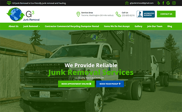 Image of two white trucks labeled “G3 Junk Removal” parked on a street with large containers in the background. Text overlay reads, "We Provide Reliable Junk Removal Services." Contact number and email are displayed.