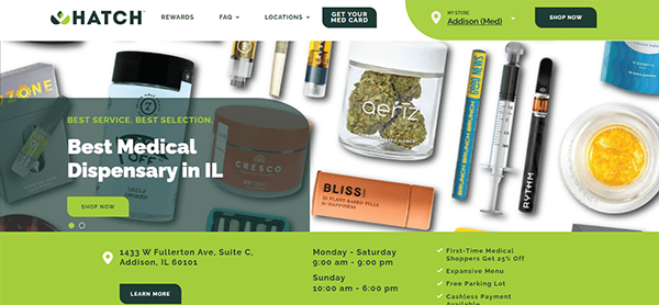 Website home page of Hatch, a medical dispensary in Illinois, displaying products, operating hours, and the address along with promotional offers and a navigation menu.