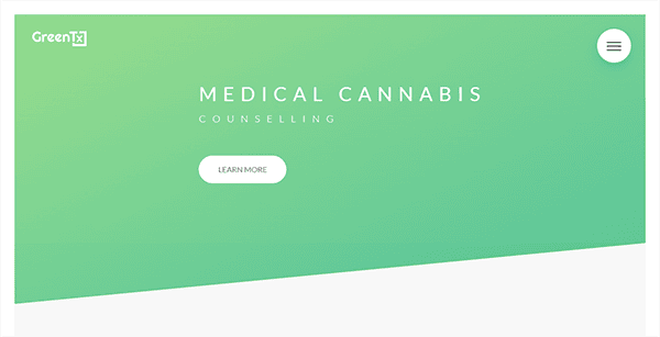 Medical Cannabis Counselling webpage with a green gradient background, featuring "GreenTX" logo and a "Learn More" button.