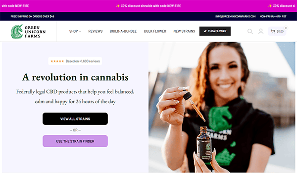 A woman holds a dropper bottle of CBD oil. Text on the image promotes Green Unicorn Farms' CBD products, highlighting their calming effects. The website header features promotional offers and navigation links.