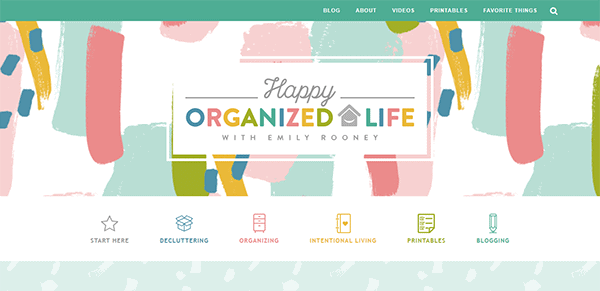 Website homepage for "Happy Organized Life with Emily Rooney," featuring sections for blog, videos, printables, favorite things, and navigation icons for starting, decluttering, organizing, intentional living, and blogging.