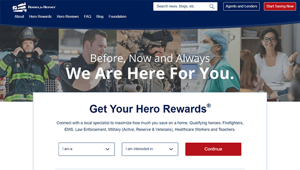 Screenshot of the Homes for Heroes homepage, showing a banner with diverse professionals and the text "Before, Now and Always, We Are Here For You." Below is a section for "Get Your Hero Rewards" with options to select from professions.