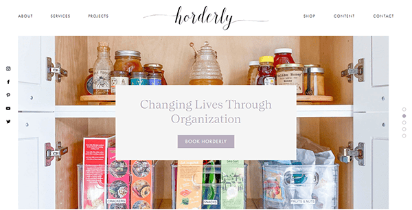 A neatly organized pantry with labeled containers and jars, part of a website advertising organization services. The text reads "Changing Lives Through Organization" with a "Book Horderly" button.