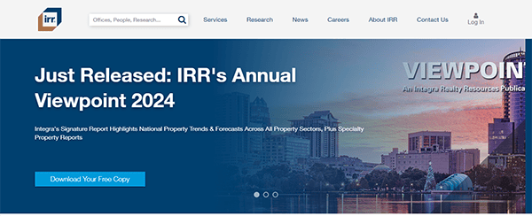 Website homepage showcasing "IRR's Annual Viewpoint 2024" report release, with options to download the report and navigate to sections such as services, research, and careers.