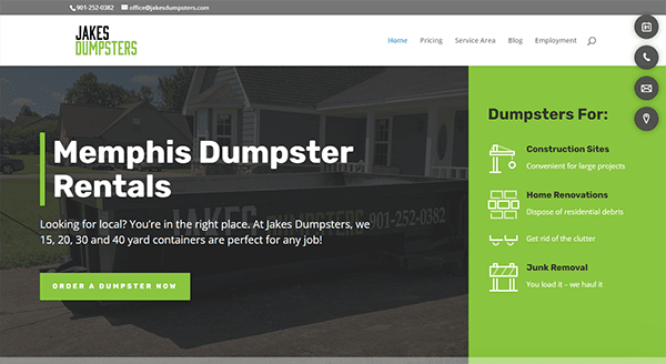 Website screenshot for Jakes Dumpsters, featuring "Memphis Dumpster Rentals" text, contact number, services list, and a call-to-action button to order a dumpster. Services include construction sites, home renovations, and junk removal.