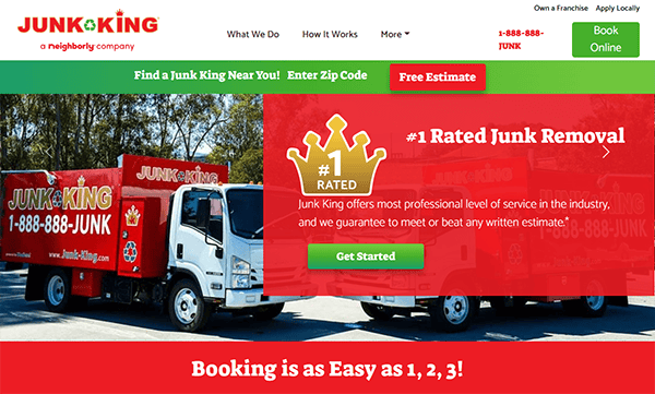 Screenshot of Junk King's homepage featuring red junk removal trucks, a rating badge, and buttons for entering a zip code for a free estimate and getting started. The text emphasizes easy booking.