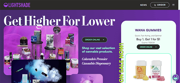 A webpage advertising cannabis products with the banner "Get Higher For Lower" and a promotion for Wana Gummies, "Buy 1, Get 1 for $1." The page includes an "Order Online" button and various product images.