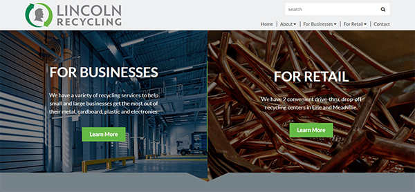 Lincoln Recycling homepage with options for business and retail recycling services. Left segment: industrial setting, "For Businesses." Right segment: pile of metal, "For Retail.