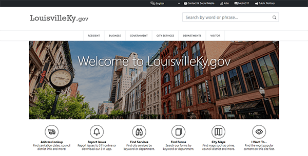 Screenshot of the LouisvilleKY.gov website homepage featuring a city street image and a navigation menu with links to sections like "Residents," "Businesses," and "Government" along with quick access icons at the bottom.