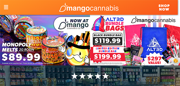 Promotional banner advertising various cannabis products including Monopoly Melts, AltRed Bundle Bags, and Dmango Cannabis, with prices ranging from $89.99 to $297. Store shelves are visible below.