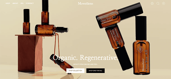 A collection of amber glass skincare bottles displayed on a minimalistic background. The text reads "Mowellens Organic. Regenerative." with buttons for "Shop Collection" and "Shop One for All.