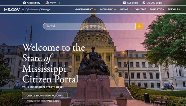 Front view of the Mississippi State Capitol building at sunset with text overlay reading "Welcome to the State of Mississippi Citizen Portal" and prompts for creating or logging into an account.