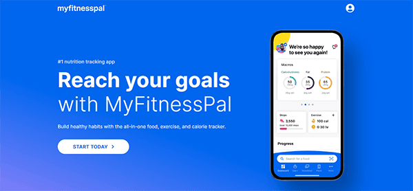 MyFitnessPal app interface displaying fitness and nutrition tracking features, with text encouraging users to reach their goals using the app.