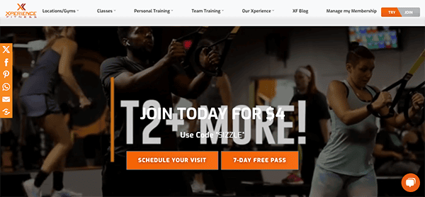 People exercising at a gym with the text "Join Today For $1" and options to schedule a visit or get a 7-day free pass.