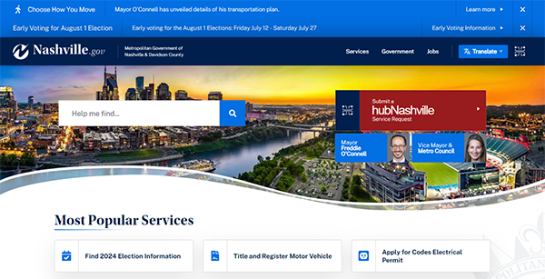 Screenshot of the Nashville.gov homepage, featuring election information, code enforcement permits, and various city services. Banners and links for early voting and the mayor’s transportation plan are visible.