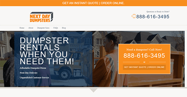 Website screenshot of 'Next Day Dumpsters' showing a header for getting a quote or ordering online, a prominent phone number, and a banner that reads "DUMPSTER RENTALS WHEN YOU NEED THEM!" with a background image of workers.