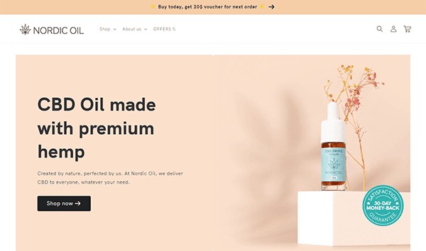 A webpage displaying Nordic Oil's CBD oil with premium hemp. Includes product image, a "Shop now" button, and a 30-day money-back guarantee badge. Banner offers a €20 voucher for the next order.