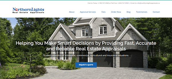 Homepage of NorthernLights Real Estate Appraisals featuring a large house with a gray stone facade and a two-car garage. Text promoting the company's appraisal services and a "Request a Quote" button are displayed.