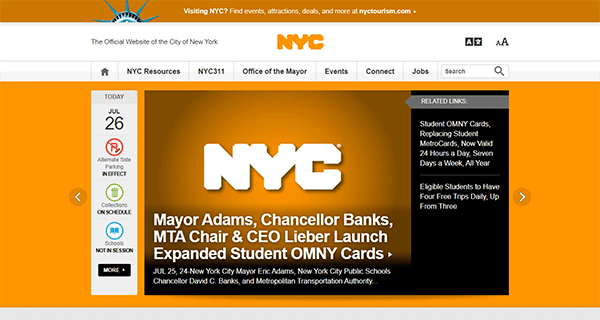 Screenshot of the NYC government website featuring Mayor Adams, Chancellor Banks, and MTA Chair & CEO Lieber launching expanded student OMNY cards. Several sections and a search bar are visible.