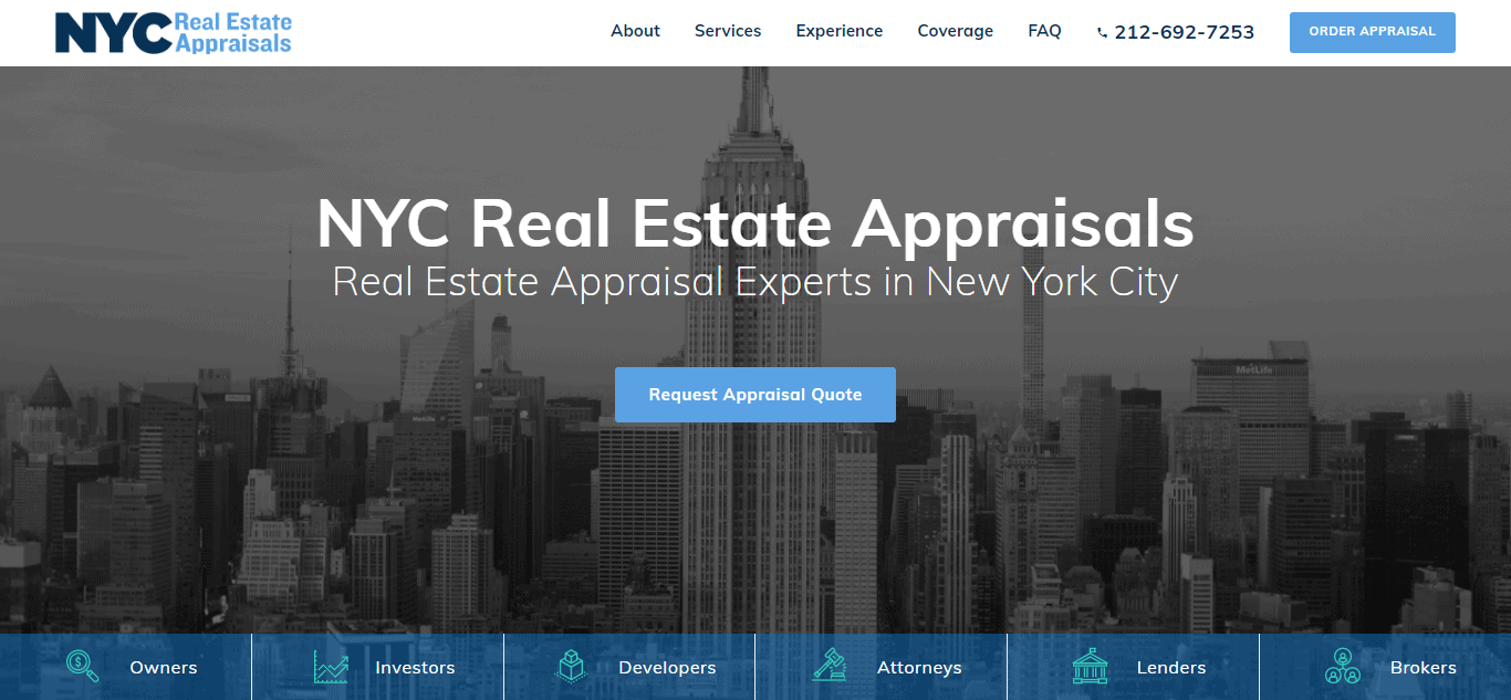 Screenshot of the homepage for NYC Real Estate Appraisals, featuring the Empire State Building and various service categories such as Owners, Investors, Developers, and Attorneys.