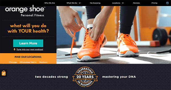 Person in bright orange sneakers tying shoelaces at a gym. Text on the image promotes personal fitness with a focus on health, locations, and a 20-year business milestone for "orange shoe.