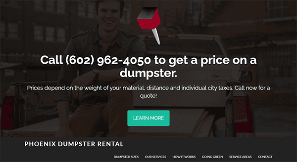 Front page of a website showing a man sitting on the edge of a truck bed with text promoting a dumpster rental service, including a phone number and a call to action to get a price quote.