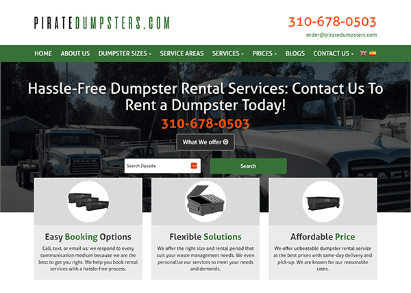 Website screenshot of Pirate Dumpsters offering dumpster rental services with a contact number, a search bar for zipcode entry, and three service highlights: easy booking, flexible solutions, and affordable prices.