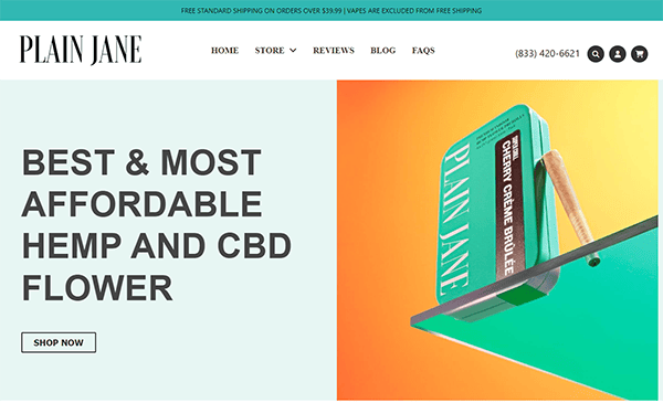 Plain Jane website homepage showing an ad for affordable hemp and CBD flower alongside a product photo and a contact number.