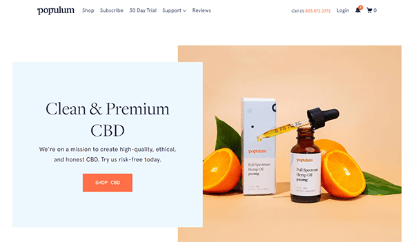 An advertisement for Populum CBD oil. Image features a CBD oil bottle, an orange slice, a dropper, and product packaging alongside text about the company's mission and a "Shop CBD" button.