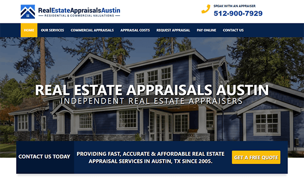 Screenshot of a website for Real Estate Appraisals Austin. The page offers residential and commercial appraisal services, with contact details, a call-to-action for a free quote, and a phone number.