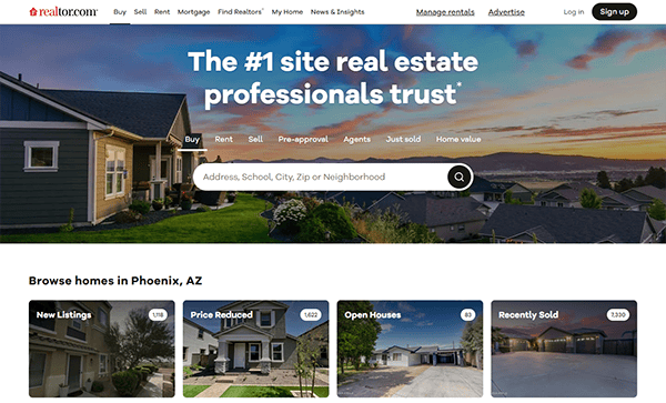 A real estate website homepage featuring a search bar for buying and renting properties. Below are categories: New Listings, Price Reduced, Open Houses, and Recently Sold. Banner reads: "The #1 site real estate professionals trust.