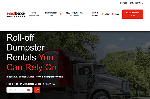 Homepage of Redbox+ Dumpsters, showing a truck and a button for booking roll-off dumpster rentals. The text emphasizes reliable and efficient dumpster rental services.