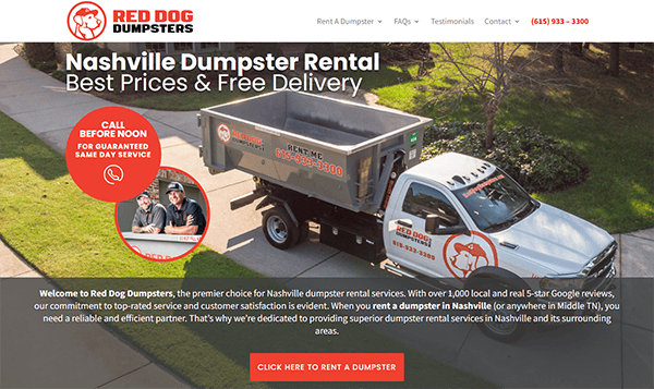 Nashville Dumpster Rental webpage featuring a truck with a dumpster, promoting best prices and free delivery. Includes contact details and a button to rent a dumpster.