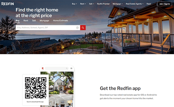 Redfin homepage showing a search bar for homes, a scenic property, and a QR code to download the Redfin app. Text highlights app benefits such as real estate alerts. Join/Sign In option is top right.