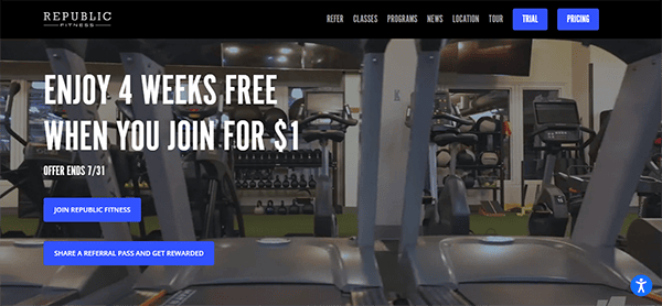 Interior of a gym with treadmills in the foreground. Text overlay promotes a "4 weeks free" offer on membership for $1, ending 7/31. Options to join or share a referral pass are displayed.