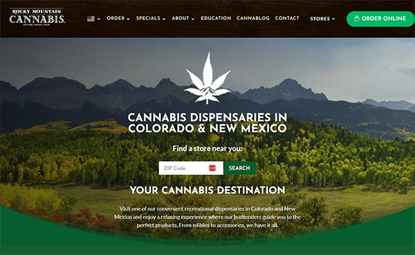 A website homepage for Rocky Mountain Cannabis features a search tool to find dispensary locations in Colorado and New Mexico, with a backdrop of mountains and a forest.