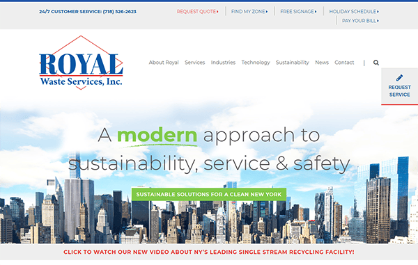 Website homepage of Royal Waste Services, Inc. promoting sustainable solutions for New York, featuring navigation links and a banner with a city skyline.